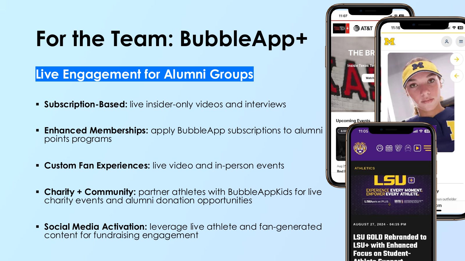 Slide 9: For the Team: BubbleApp+ Live Engagement for Alumni Groups Subscription-Based: live insider-only videos and interviews Enhanced Memberships: apply BubbleApp subscriptions to alumni points programs Custom Fan Experiences: live video and in-person events Charity + Community: partner athletes with...