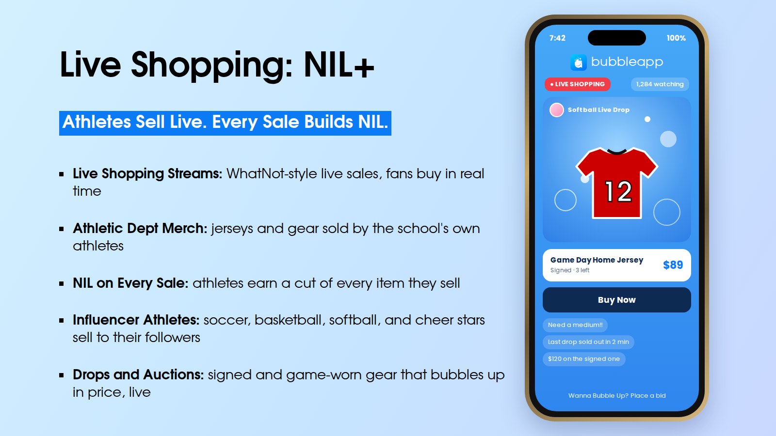 Slide 11: Live Shopping: NIL+. Athletes sell live. Every sale builds NIL. WhatNot-style live sales where fans buy in real time, athletic department jerseys and gear sold by the school's own athletes, athletes earn a cut of every item they sell, soccer, basketball, softball, and cheer stars sell to their followers, signed and game-worn drops and auctions.